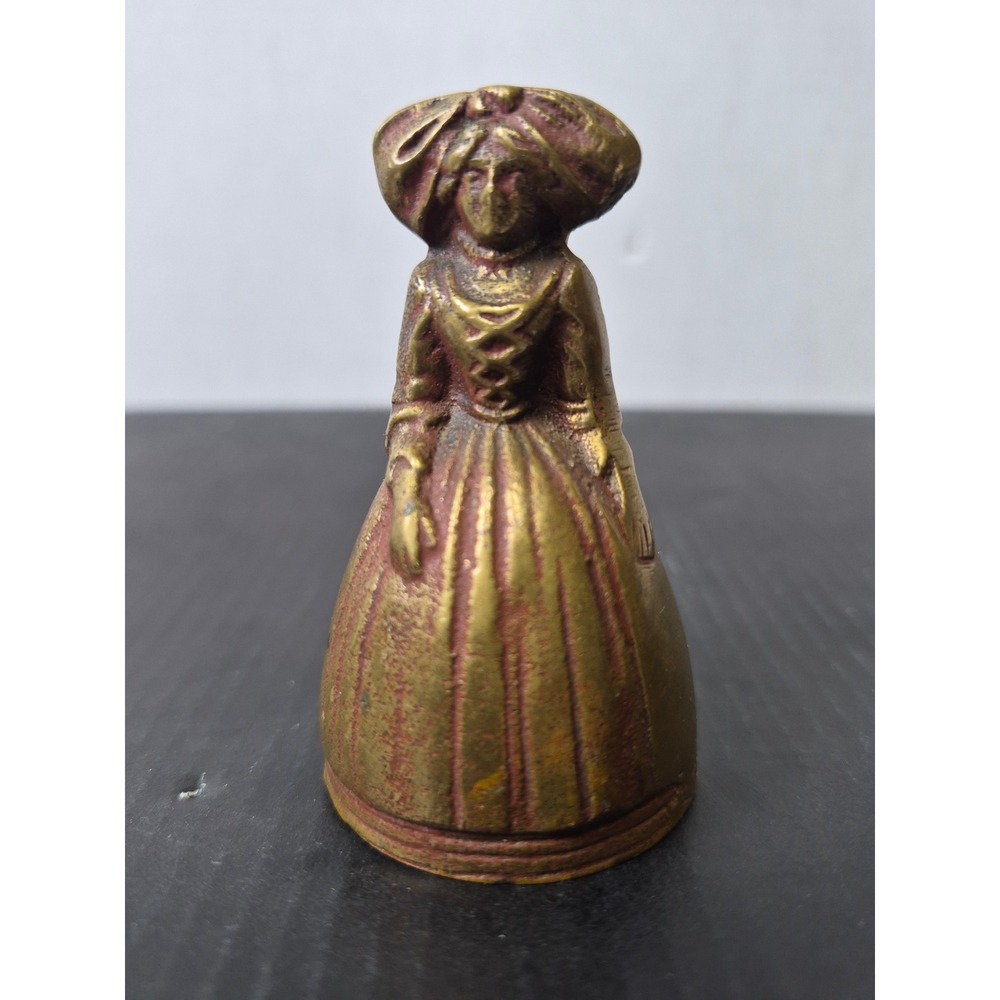 Vintage Brass Lady Bell Figurine Victorian Woman in Wide Hat 2.75 Inch Tall